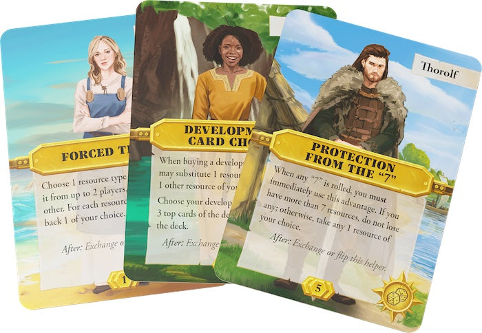 Three game cards featuring characters and game text on a scenic background