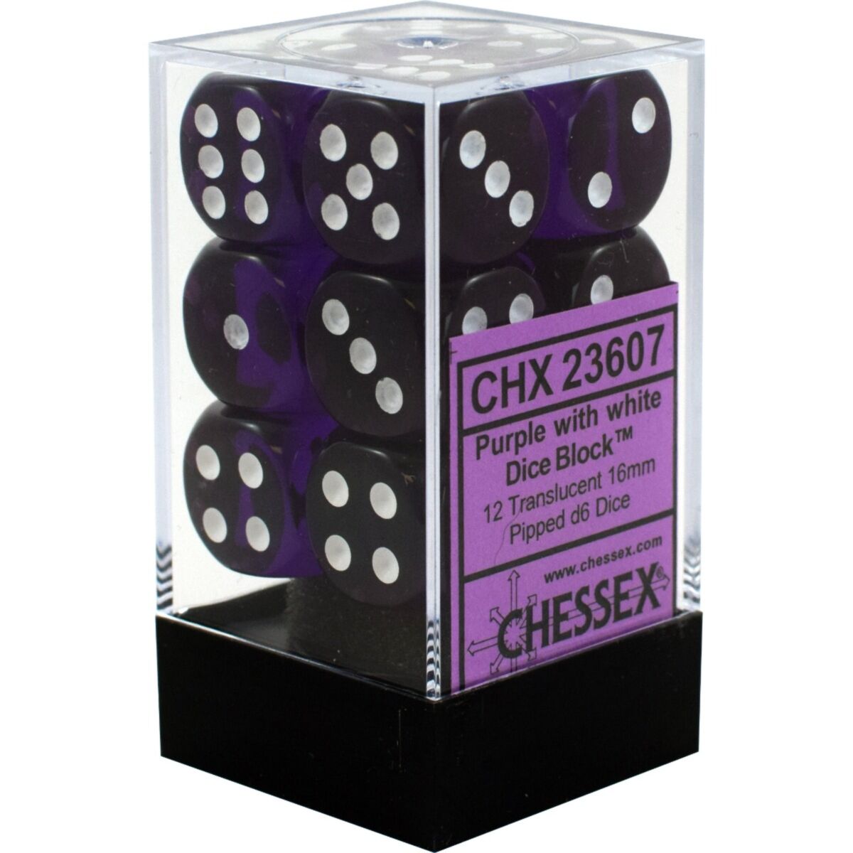 Chessex Translucent Purple/White 16mm D6 Dice (12)
