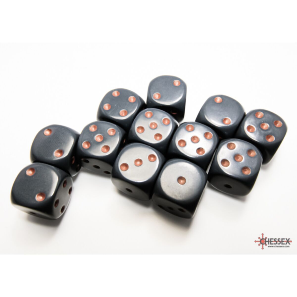 Chessex Opaque Dark Grey/Copper 16mm D6 Dice (12)