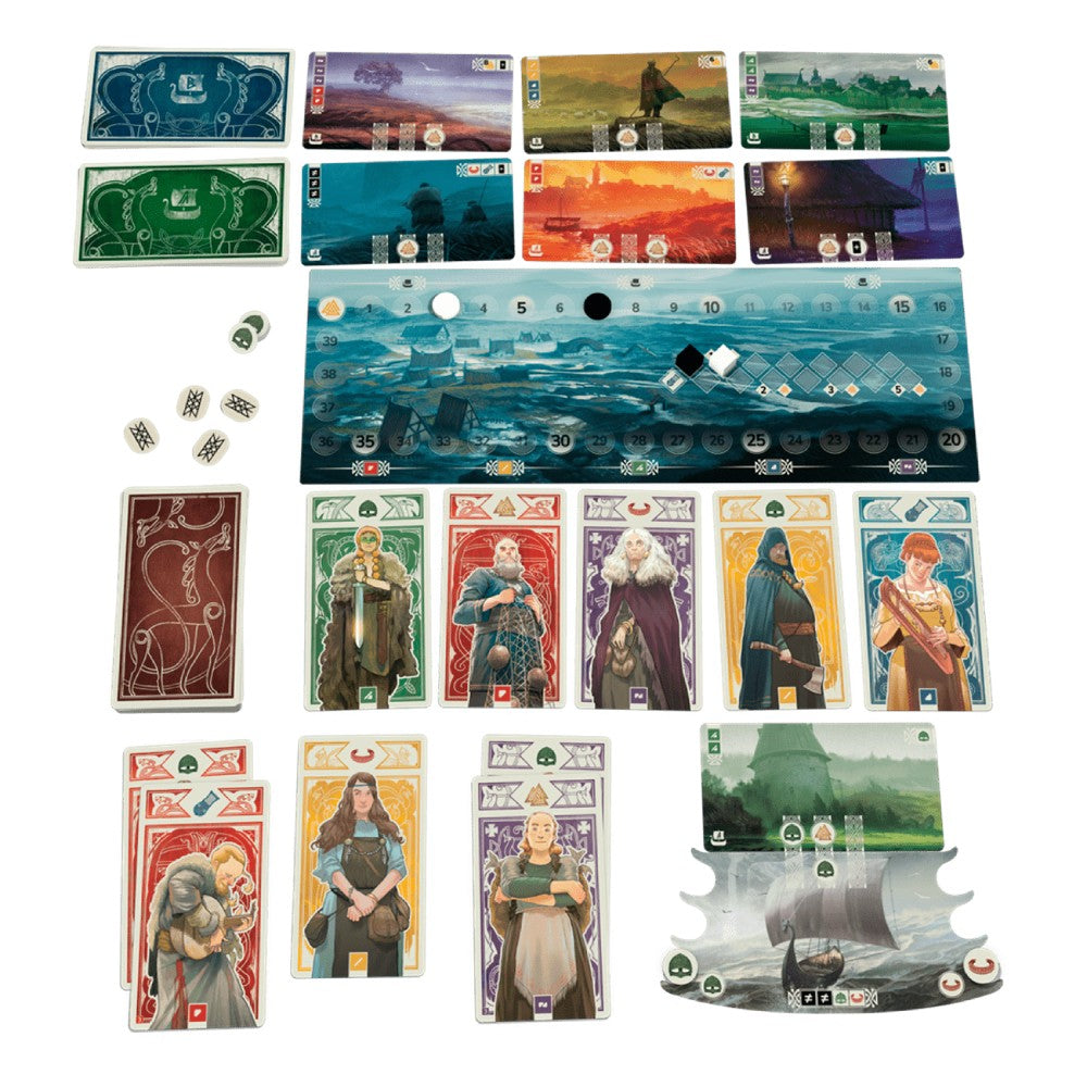 Knarr – game cards and components arranged beside the box