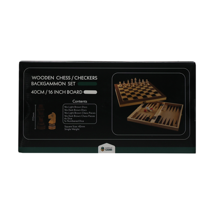 LPG Classics Wooden Folding Chess, Checkers & Backgammon Set 40cm | 3-in-1 Classic Board Game Set | Portable Travel Game | Staunton Chess Pieces