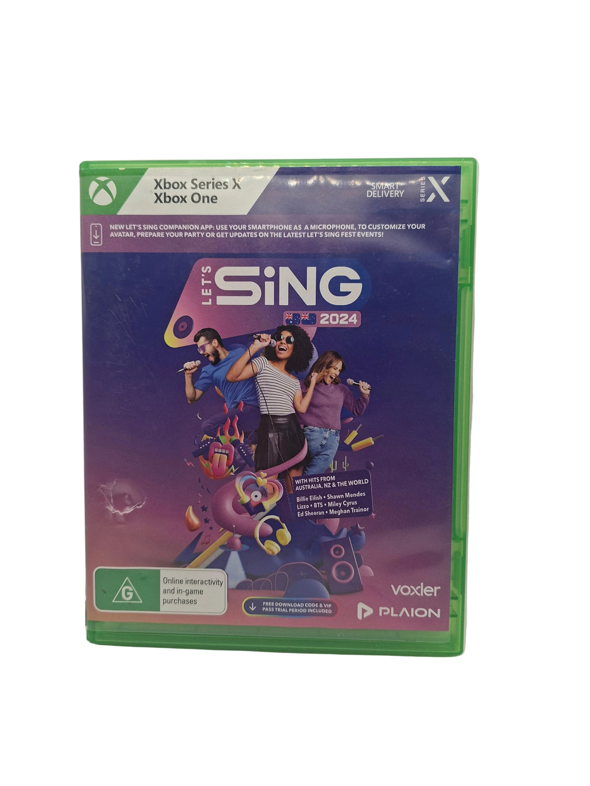 Xbox Series X / Xbox One version of the Let's Sing 2024 video game in its original green plastic case, photographed on a neutral light gray background.