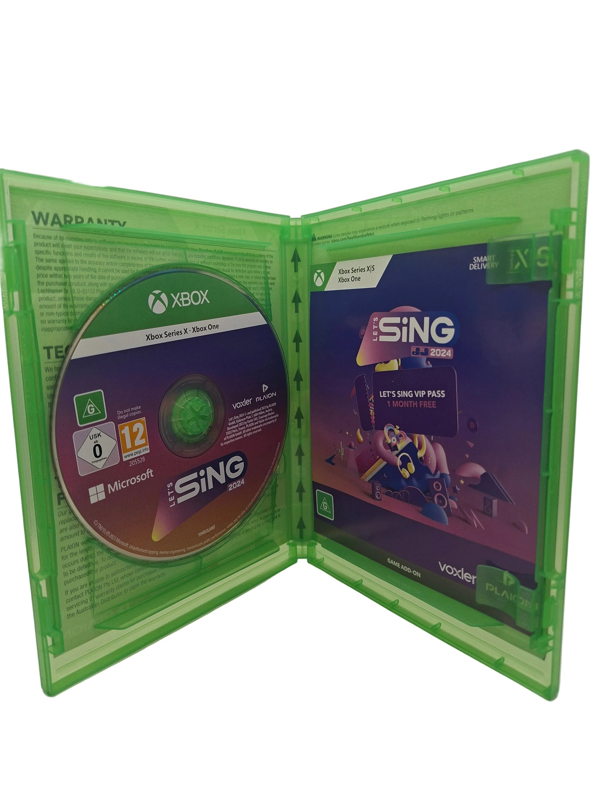 Xbox Game Pass for Sing 2025 game disc in a translucent green plastic case, showing the disc, front cover art, and warranty insert on a white background.