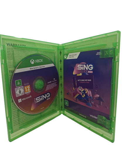 Xbox Game Pass for Sing 2025 game disc in a translucent green plastic case, showing the disc, front cover art, and warranty insert on a white background.