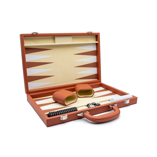 LPG Classics Backgammon Set – Brown Pleather – open brown backgammon case with pieces and dice
