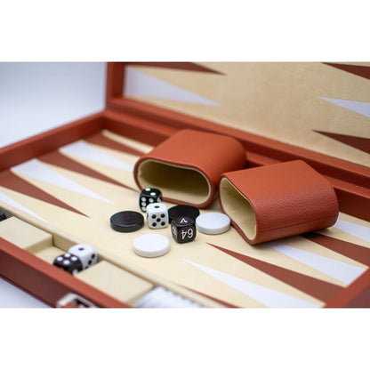 LPG Classics Backgammon Set – Brown Pleather – dice and cups on the backgammon board