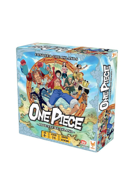 One Piece: Adventure Island board game full setup with game board, crew and island cards, tokens, dice, and mission sheets from the One Piece anime.