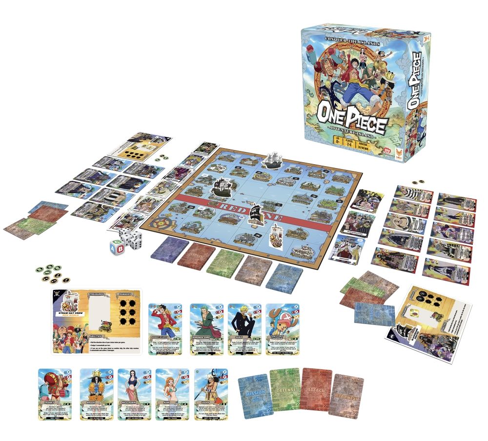 One Piece: Adventure Island card artwork, including crew characters, island cards, custom dice, and anime-themed game components.