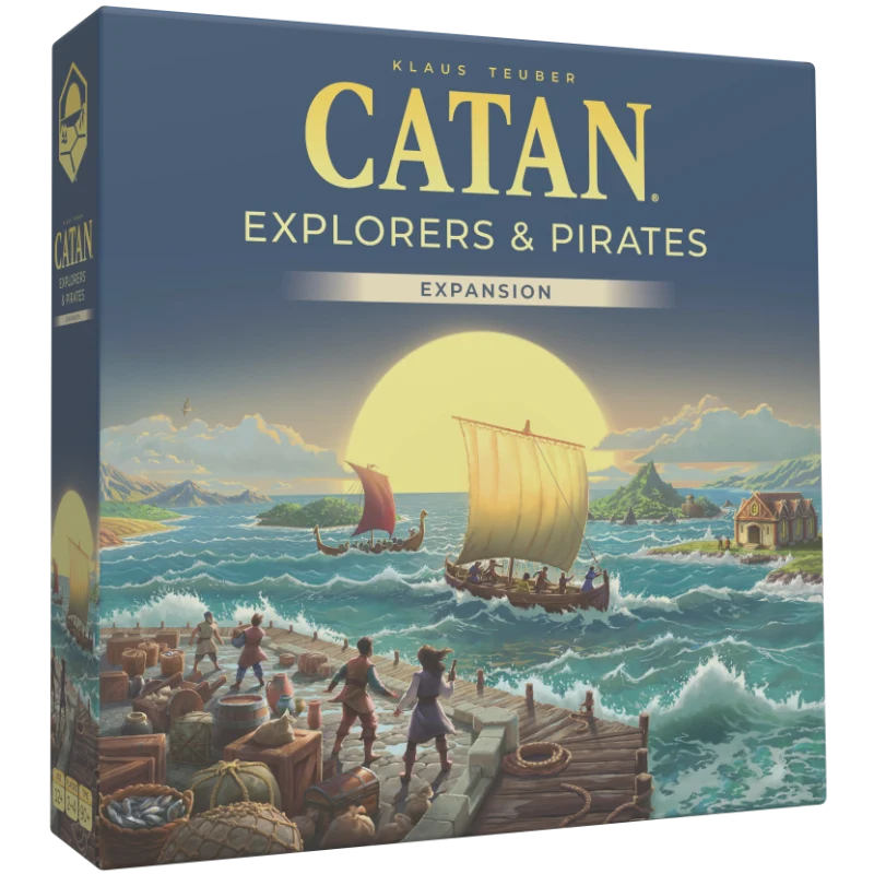 Catan: Explorers & Pirates Expansion board game box shown at a slight angle, featuring a blue title area and an illustrated sea battle scene with ships, dockworkers, and a large yellow sun.