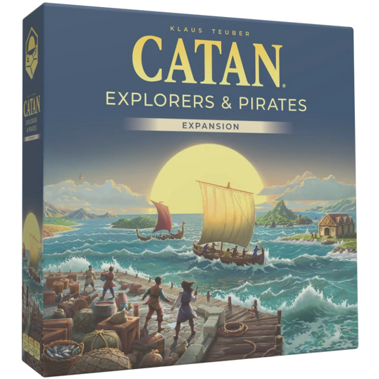 Catan: Explorers & Pirates Expansion board game box shown at a slight angle, featuring a blue title area and an illustrated sea battle scene with ships, dockworkers, and a large yellow sun.