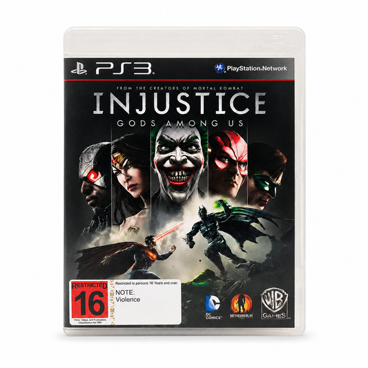Game case for 'Injustice: Gods Among Us' on PS3 with character images and logos.