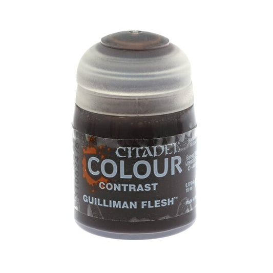 Citadele Colour Contrast paint bottle in 'Guilliman Flesh' color, featuring a dark flesh-toned paint visible through the clear plastic bottle, with a black label and white text.