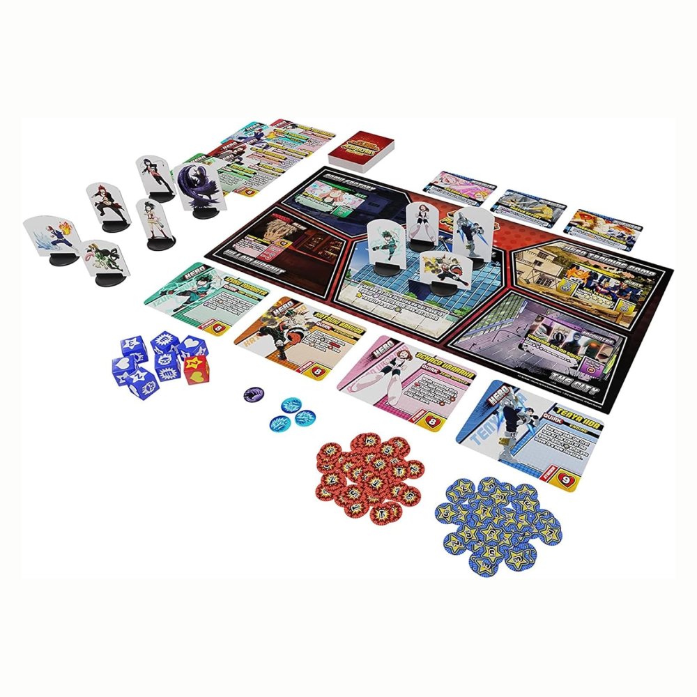 My Hero Academia: Plus Ultra! Board Game – game board, cards, dice and tokens