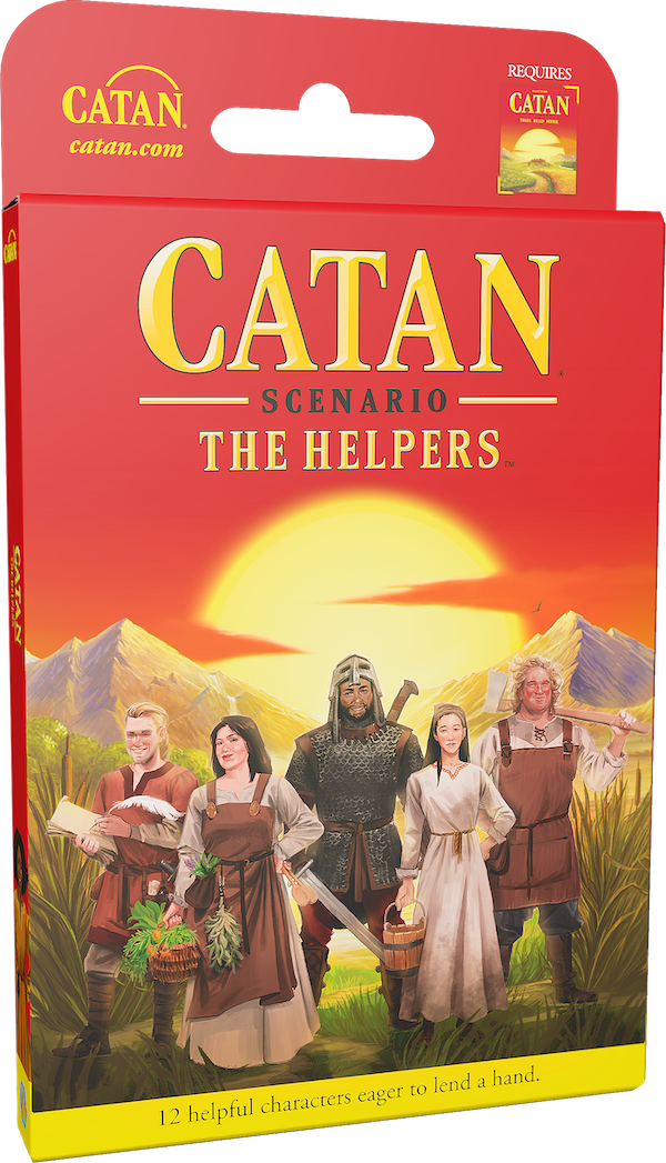 Front of the Catan Scenario: The Helpers board game box, featuring a red header and illustrated cover art with five medieval characters standing in front of a large yellow sun and mountains.