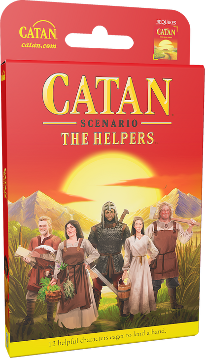 Front of the Catan Scenario: The Helpers board game box, featuring a red header and illustrated cover art with five medieval characters standing in front of a large yellow sun and mountains.