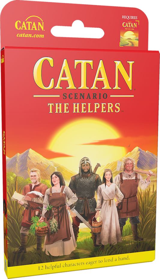 Front of the Catan Scenario: The Helpers board game box, featuring a red header and illustrated cover art with five medieval characters standing in front of a large yellow sun and mountains.