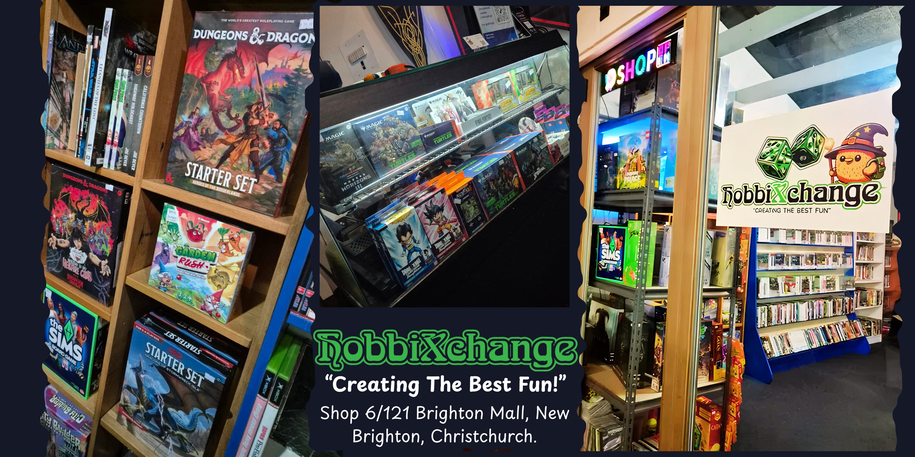 A promotional collage for hobbixchange, a shop in New Brighton, Christchurch. The image features a central photo of a glass display case filled with collectible board games, flanked by photos of wooden bookshelves stocked with various board games like Dungeons & Dragon and Pokémon, and a store entrance with a 'hobbixchange' sign.