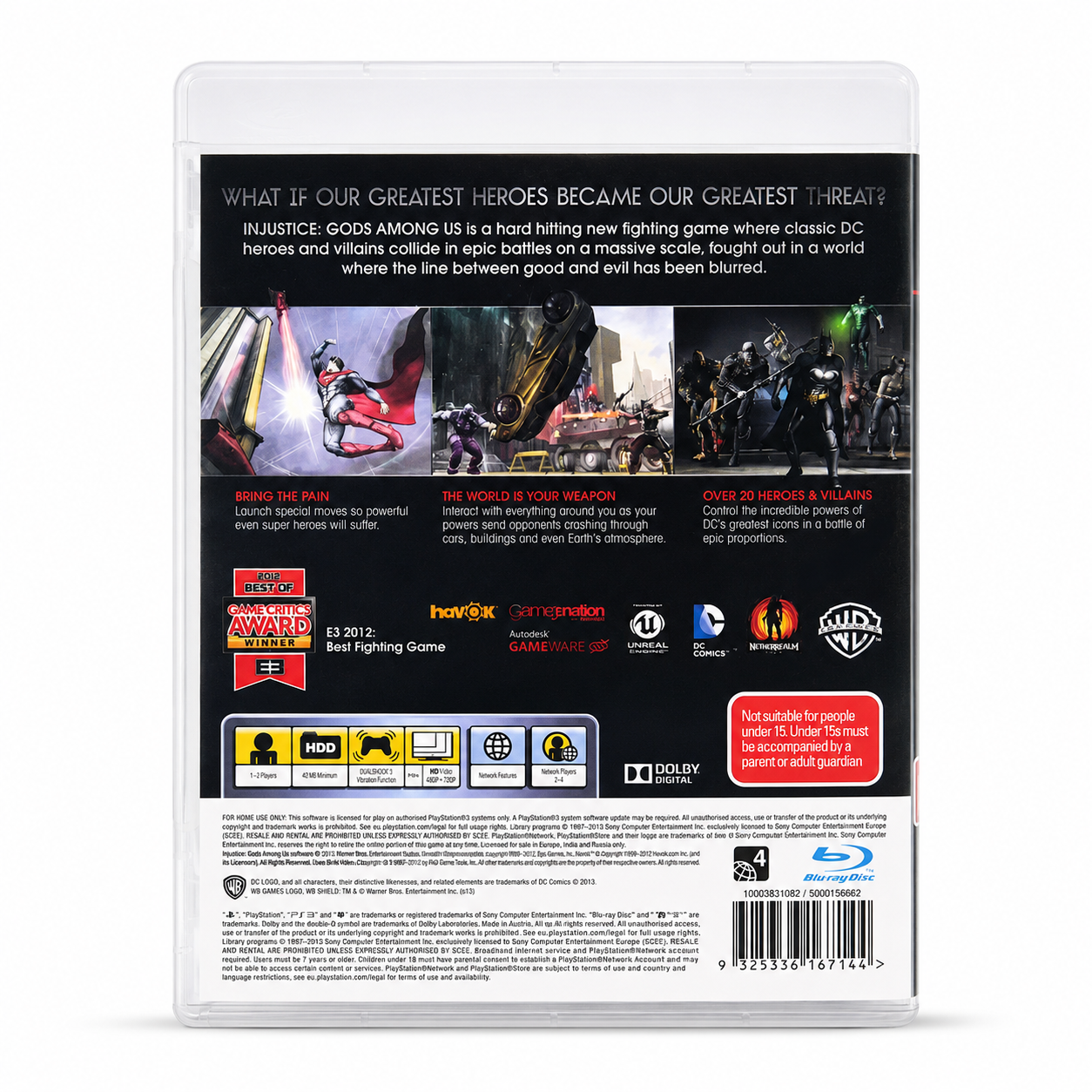 Back cover of a video game packaging with text and graphics on a white background