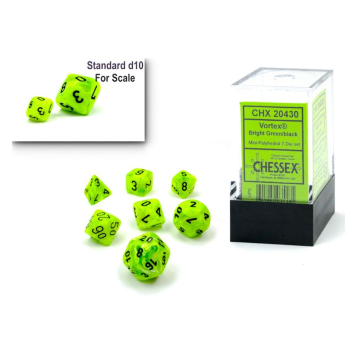 Chessex Vortex Mini Bright Green/Black 7-Piece Dice Set