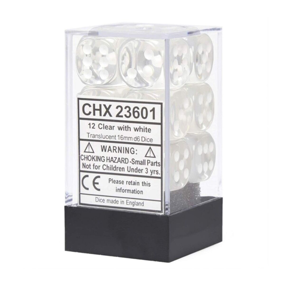 Chessex Translucent Clear/White 16mm D6 Dice (12)