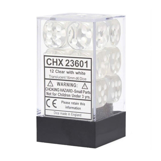 Chessex Translucent Clear/White 16mm D6 Dice (12)