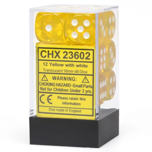 Chessex Translucent Yellow/White 16mm D6 Dice (12)