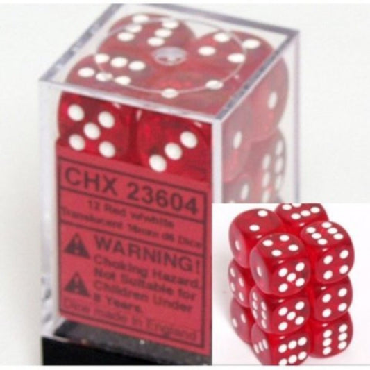 Chessex Translucent Red/White 16mm D6 Dice (12)