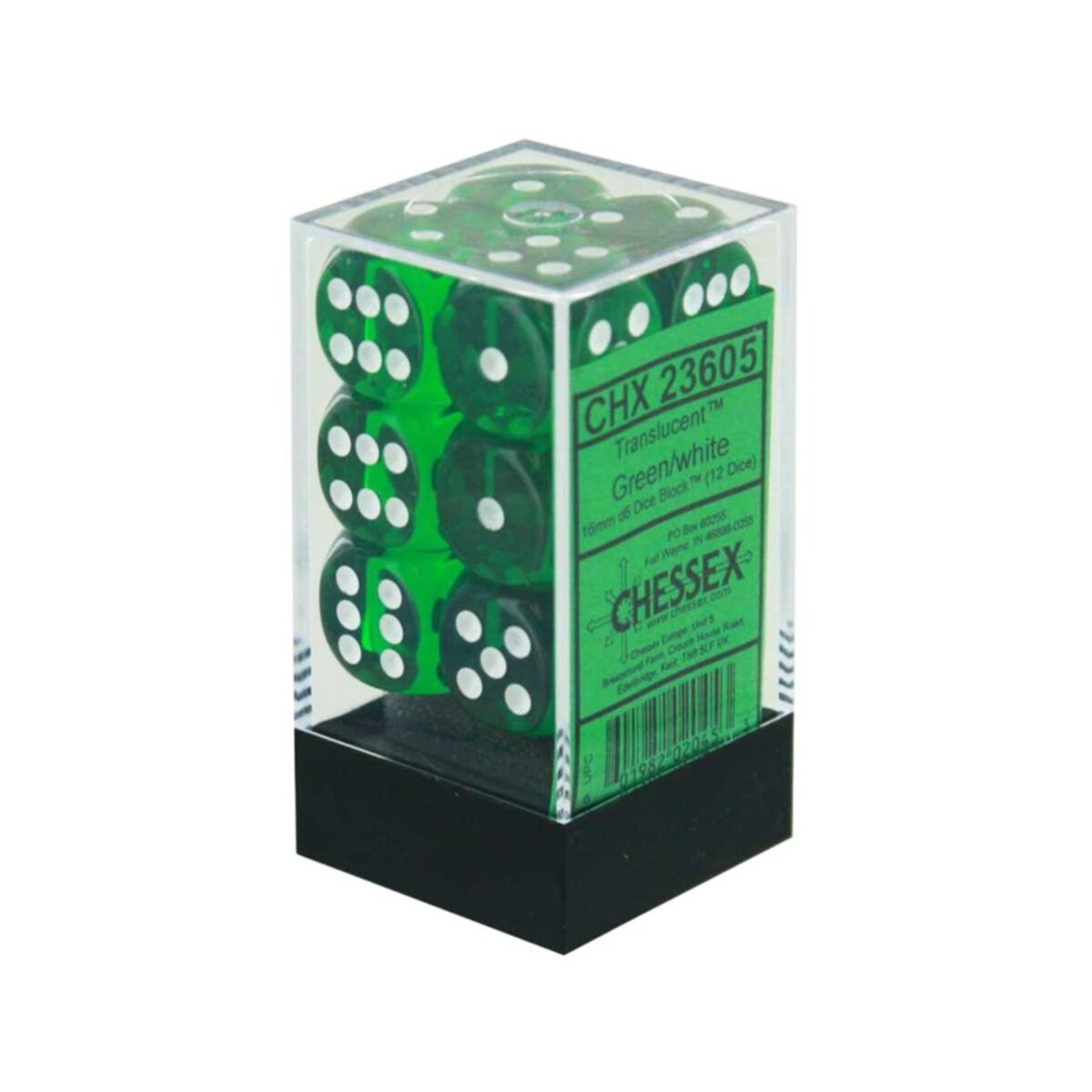 Chessex Translucent Green/White 16mm D6 Dice (12)