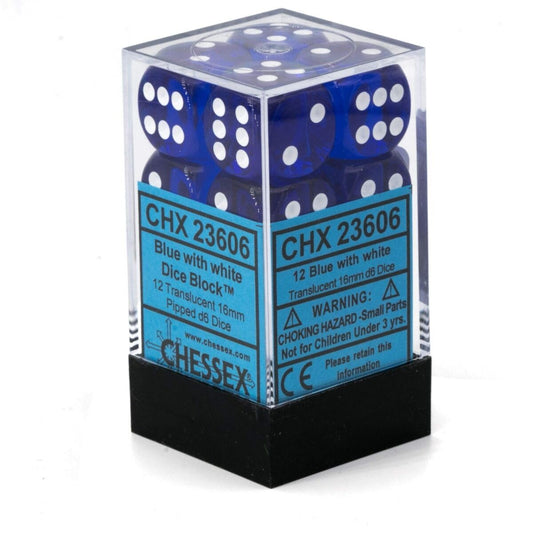 Chessex Translucent Blue/White 16mm D6 Dice (12)