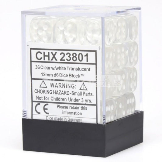 Chessex Translucent Clear/White 12mm D6 Dice (36)