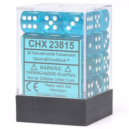 Chessex Translucent Teal/White 12mm D6 Dice (36)