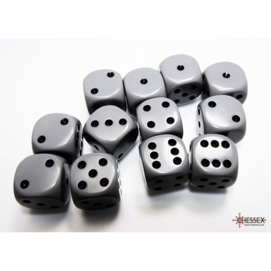 Chessex Opaque Grey/Black 16mm D6 Dice (12)