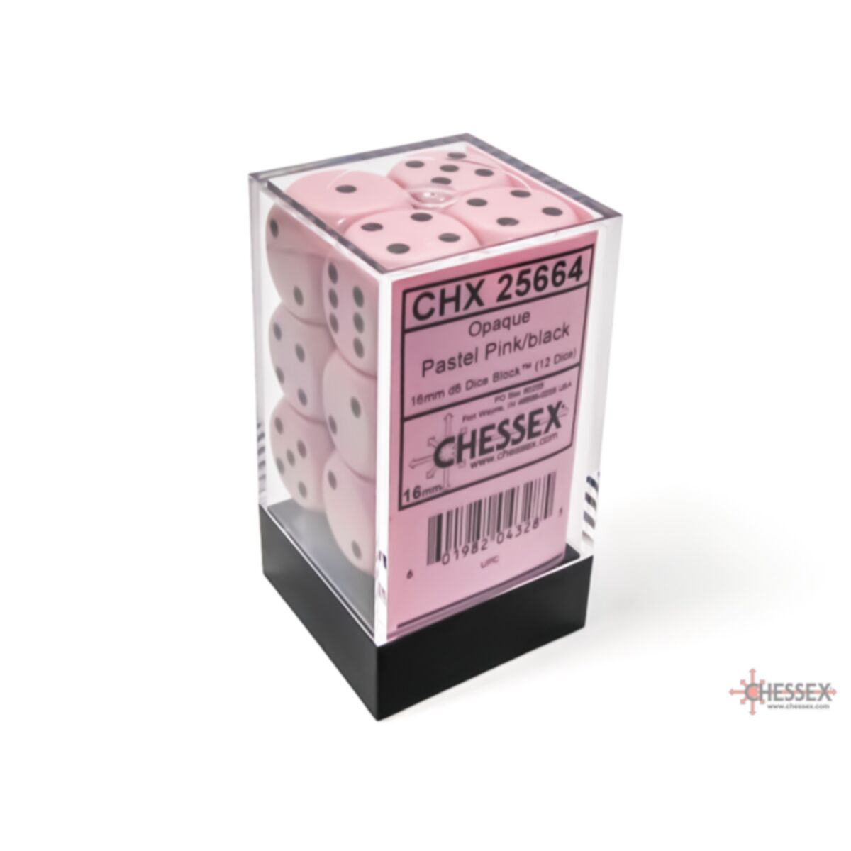 Chessex Opaque Pastel Pink/Black 16mm D6 Dice (12)