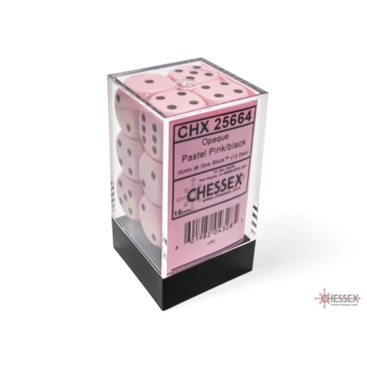 Chessex Opaque Pastel Pink/Black 16mm D6 Dice (12)