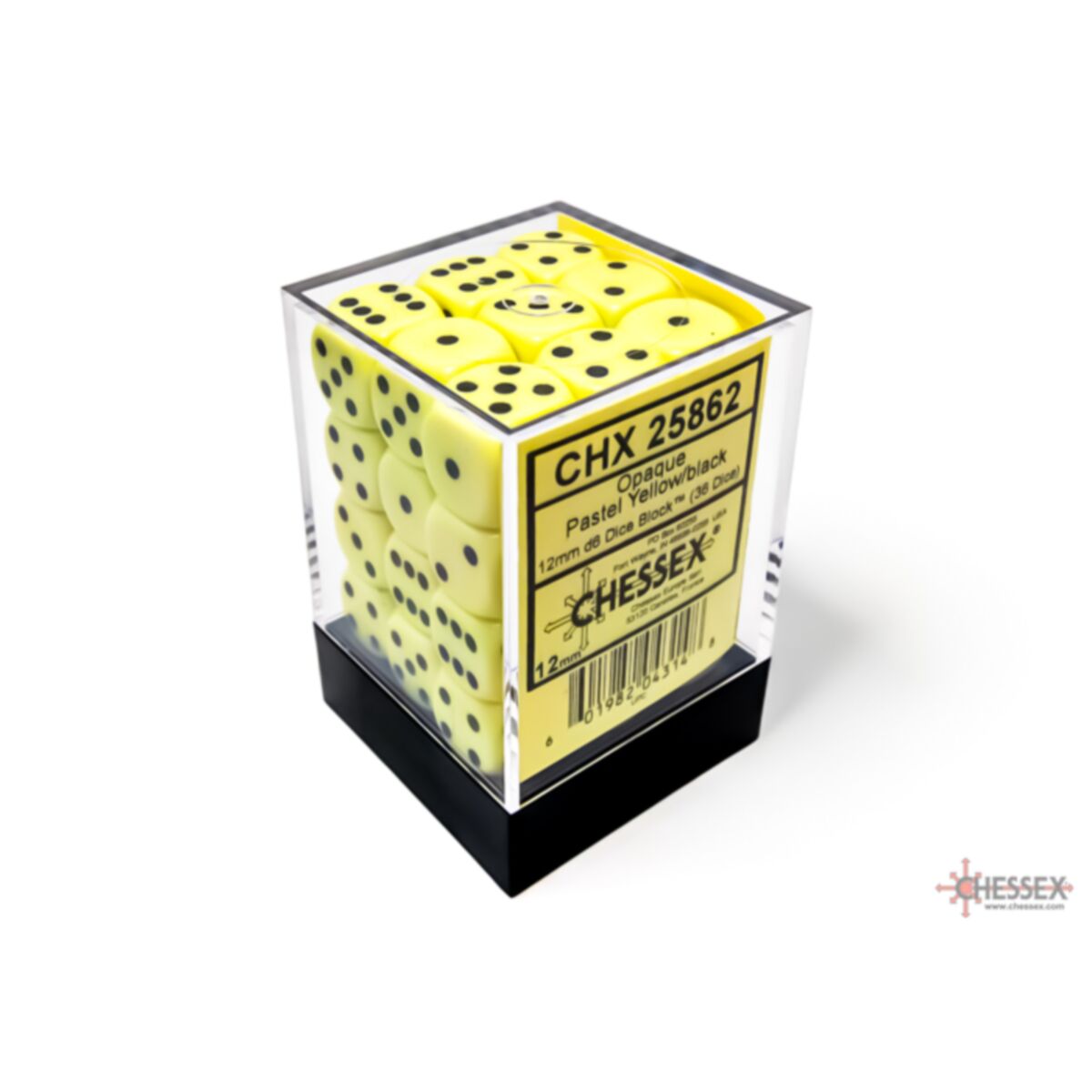 Chessex Opaque Pastel Yellow/Black 12mm D6 Dice (36)