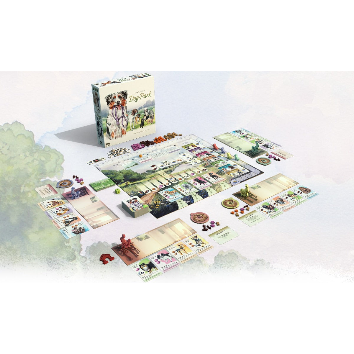 Dog Park – game components laid out beside the box