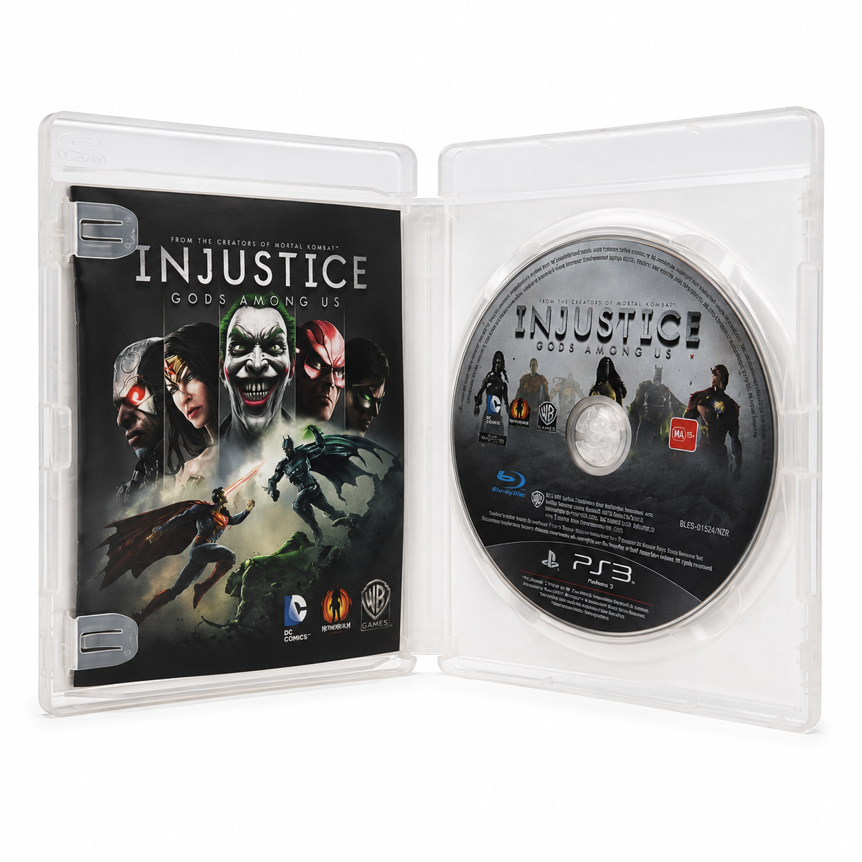Injustice: Gods Among Us game case with disc on a white background