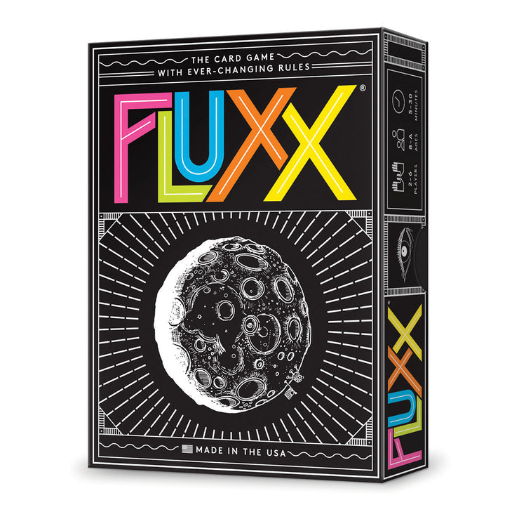Fluxx 5.0 card game box with colourful logo and moon artwork