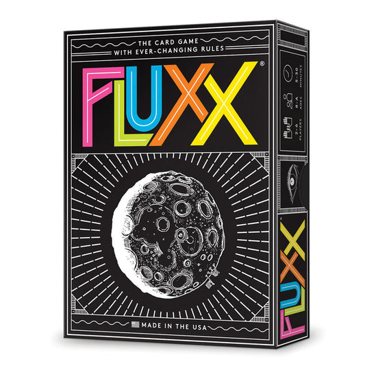 Fluxx 5.0 card game box with colourful logo and moon artwork