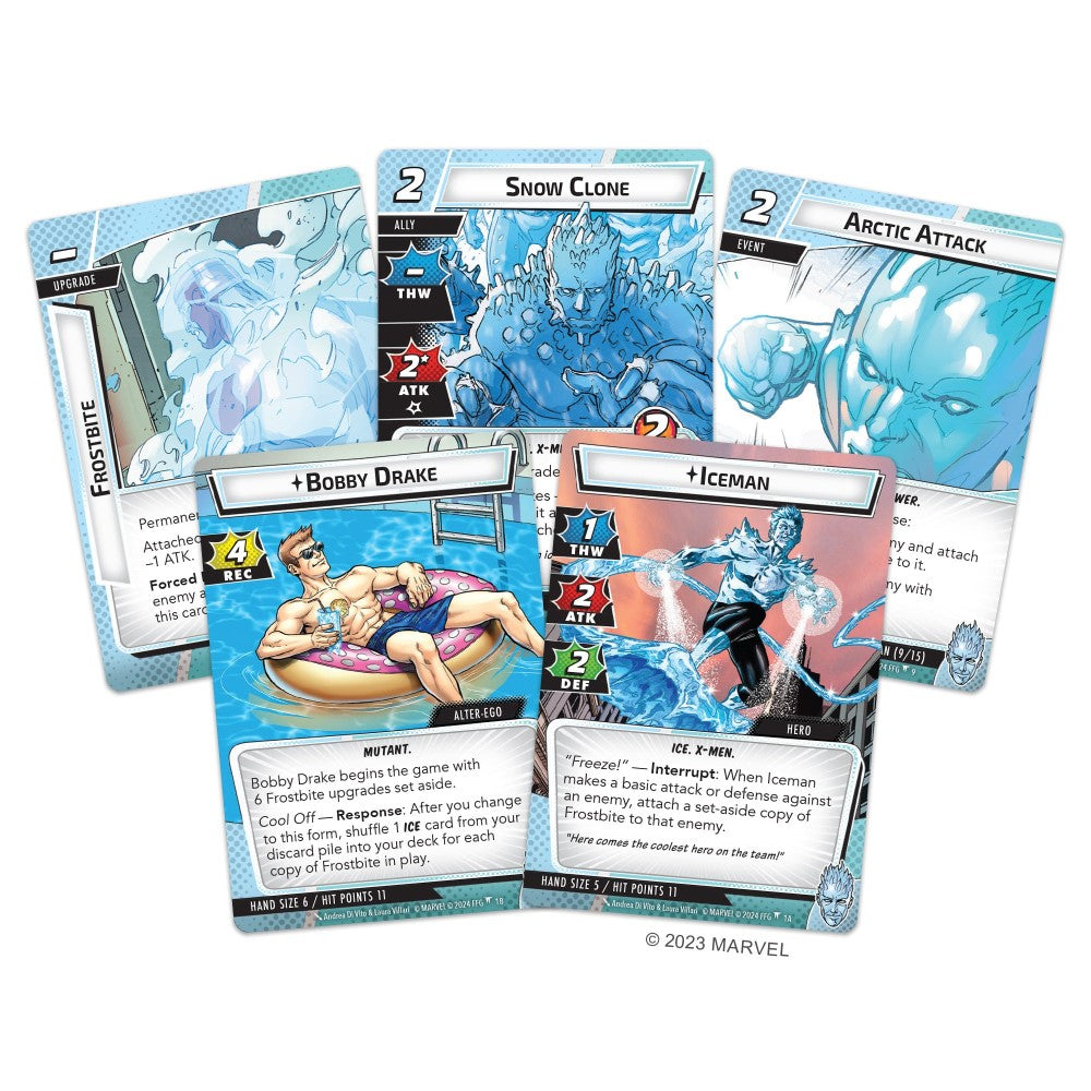 Marvel Champions: The Card Game – Iceman Hero Pack – sample hero and encounter cards