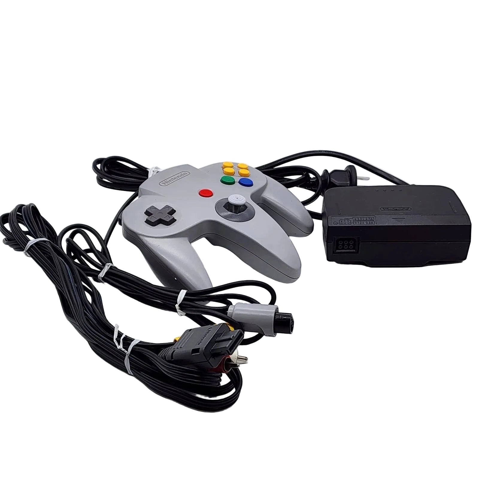 Pair of Nintendo 64 controllers with cables on a white background