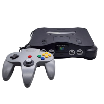Nintendo 64 console and controller on a white background