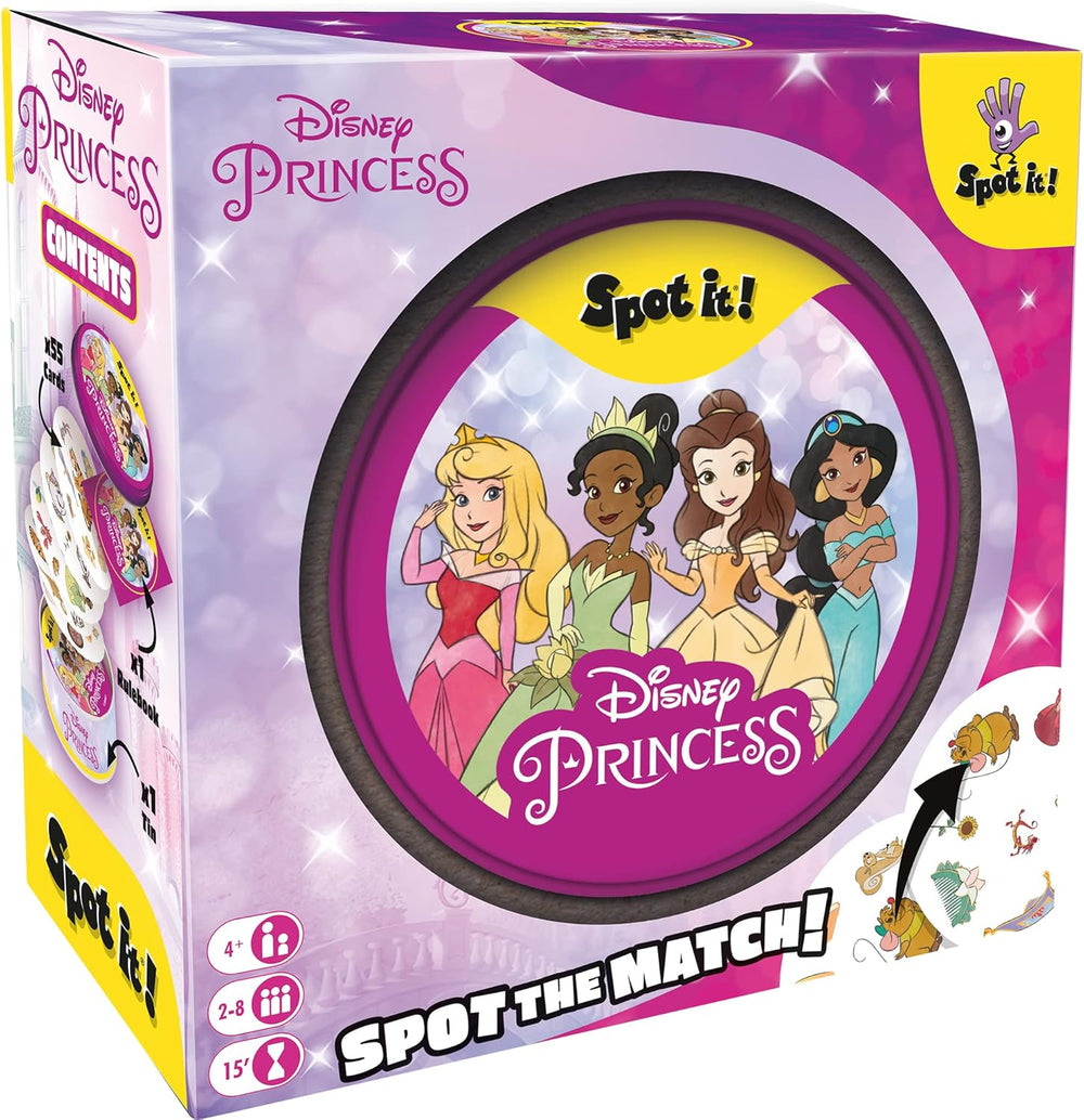 Spot It! Disney Princess card game box and tin featuring Aurora, Tiana, Belle and Jasmine