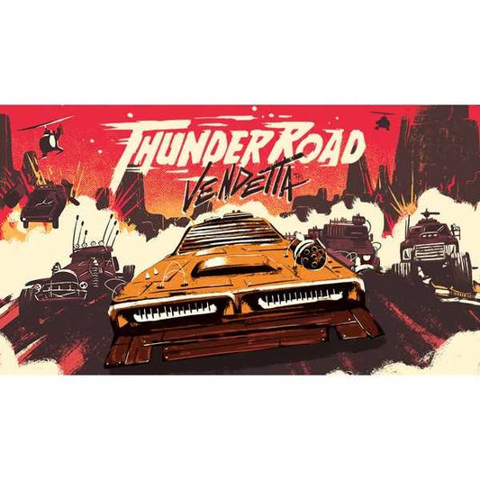 Thunder Road: Vendetta – front cover artwork showing armed vehicles racing through a wasteland